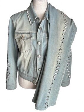 Y2K 90s 2-PC Lace Up Set Jean Denim Small Boho Cotton 4 Bohemian Denim Jacket